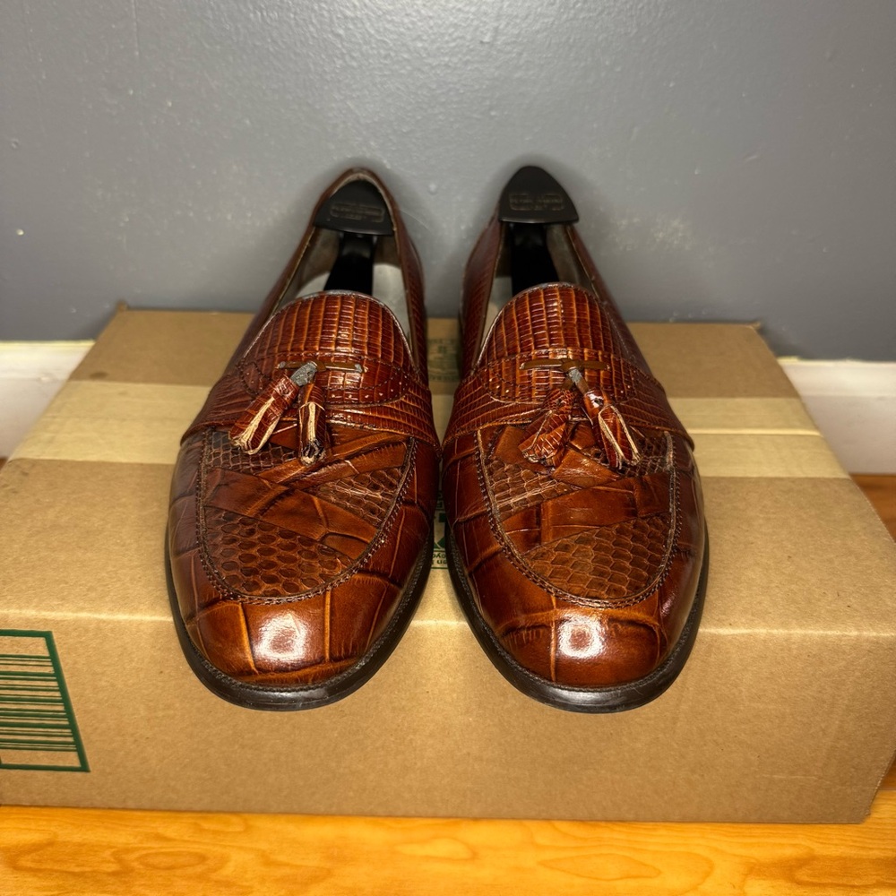STACY ADAMS Genuine Snake Tassel Loafers Men’s 10M Brown Leather Slip On Shoes